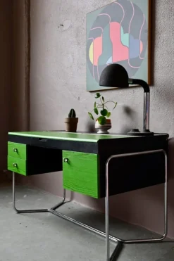 Pamono Bauhaus Desk in Green and Black Wood and Chrome Metal, 1980s