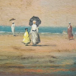 Pamono Beach with Figures, 19th Century, Oil on Board, Framed> Impressionist