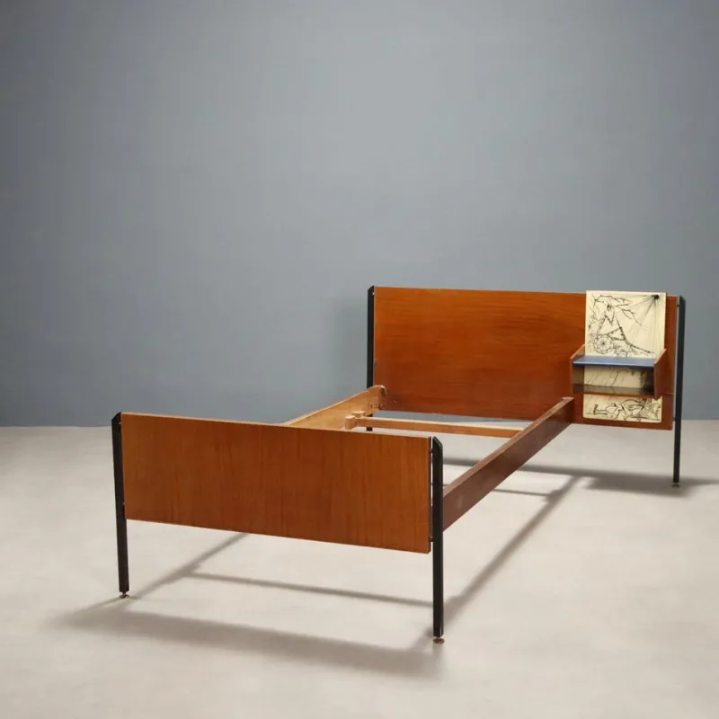 Pamono Bed with Wall-Mounted Nightstand, 1960s