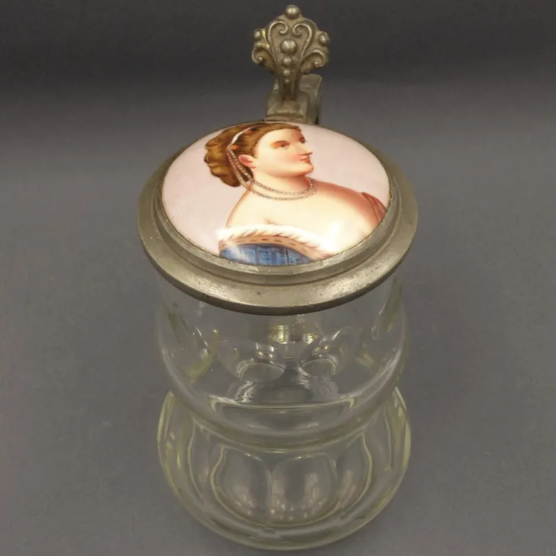 Pamono Beer Mug in Glass with Hand-Painted Lid, 1900s-1920s> Glassware
