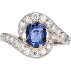Pamono Belle Epoque Style Sapphire, Diamond, 18 Karat Yellow Gold & Platinum Swirl Ring> Rings
