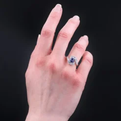 Pamono Belle Epoque Style Sapphire, Diamond, 18 Karat Yellow Gold & Platinum Swirl Ring><noscript><img width=
