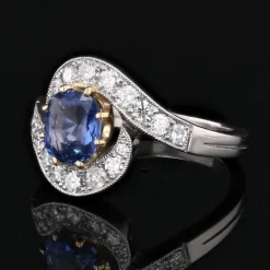 Pamono Belle Epoque Style Sapphire, Diamond, 18 Karat Yellow Gold & Platinum Swirl Ring><noscript><img width=