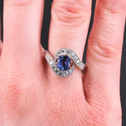 Pamono Belle Epoque Style Sapphire, Diamond, 18 Karat Yellow Gold & Platinum Swirl Ring><noscript><img width=