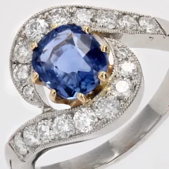 Pamono Belle Epoque Style Sapphire, Diamond, 18 Karat Yellow Gold & Platinum Swirl Ring><noscript><img width=