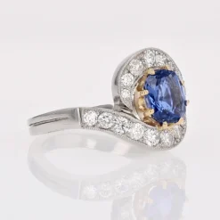 Pamono Belle Epoque Style Sapphire, Diamond, 18 Karat Yellow Gold & Platinum Swirl Ring><noscript><img width=