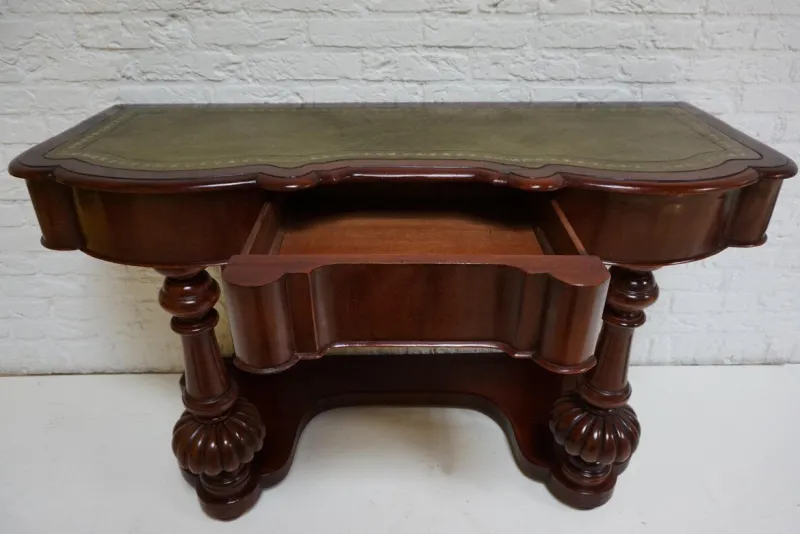 Pamono Biedermeier Mahogany Wall Console Table or Desk with Leather Inlay Top and Drawer> Console Tables
