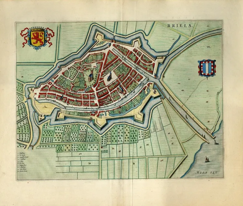 Pamono Bird's-Eye View Map of Brielle by Blaeu, Netherlands, 1649