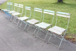Outlet Pamono Bistro Garden Folding Chairs in Iron and Wood Slats, Set of 8