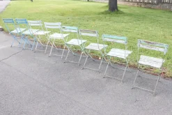 Outlet Pamono Bistro Garden Folding Chairs in Iron and Wood Slats, Set of 8