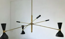 Pamono Black and Brass Adjustable Three-Arm Triennale Style Chandelier><noscript><img width=