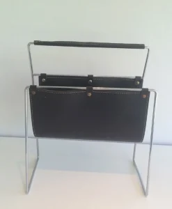 Pamono Black Leather & Chrome Magazine Rack, 1970s> Magazine Racks