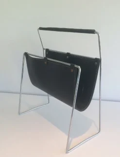 Pamono Black Leather & Chrome Magazine Rack, 1970s><noscript><img width=