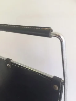 Pamono Black Leather & Chrome Magazine Rack, 1970s><noscript><img width=