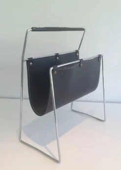 Pamono Black Leather & Chrome Magazine Rack, 1970s><noscript><img width=