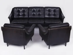 Hot Pamono Black Leather Sofa and 2 Armchairs, Germany, 1960s, Set of 3