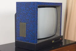 Pamono Blue and Black Laminate Television by Ettore Sottsass for Brionvega, 1980s> Electronics