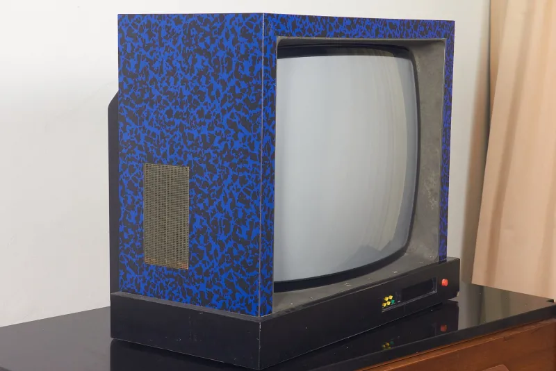 Pamono Blue and Black Laminate Television by Ettore Sottsass for Brionvega, 1980s> Electronics