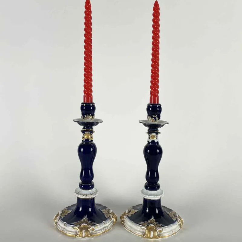 Pamono Blue and Gold Candlesticks from Meissen Porcelain, Set of 2> Candleholders
