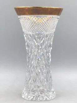 Pamono Bohemia Lead Crystal Vase with Diamond Cut Gold Rim, 1950s> Vases