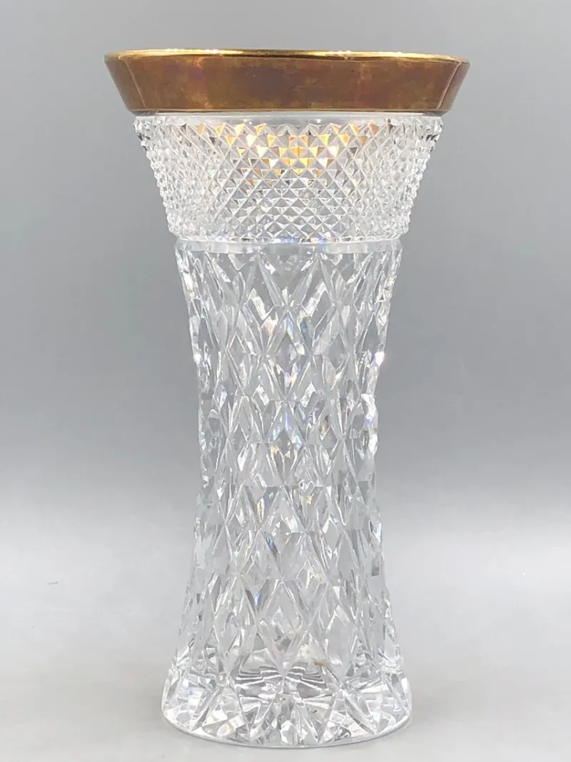 Pamono Bohemia Lead Crystal Vase with Diamond Cut Gold Rim, 1950s> Vases
