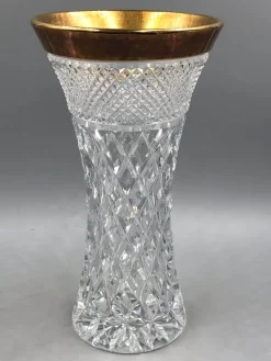 Pamono Bohemia Lead Crystal Vase with Diamond Cut Gold Rim, 1950s> Vases