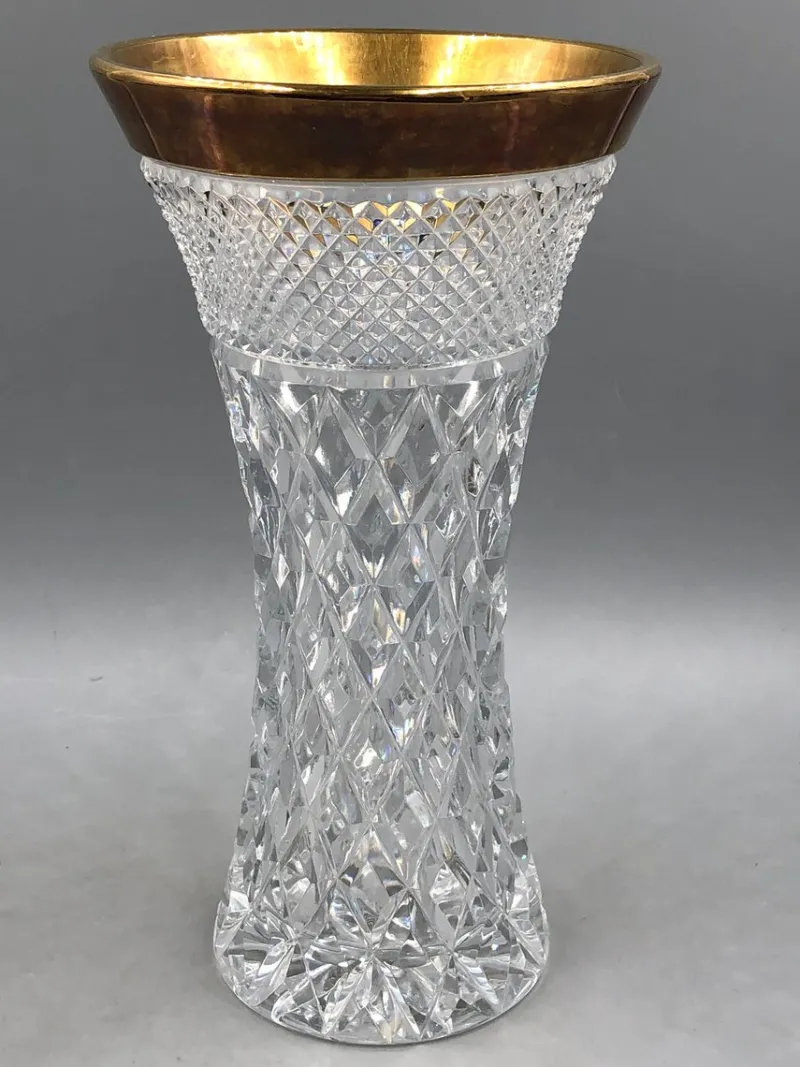 Pamono Bohemia Lead Crystal Vase with Diamond Cut Gold Rim, 1950s> Vases