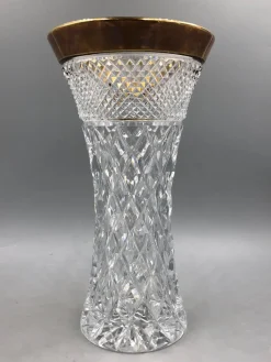 Pamono Bohemia Lead Crystal Vase with Diamond Cut Gold Rim, 1950s><noscript><img width=