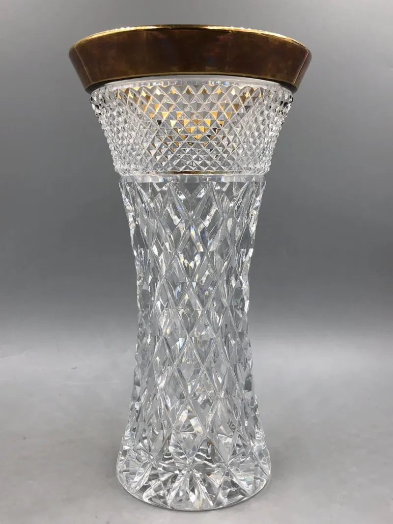 Pamono Bohemia Lead Crystal Vase with Diamond Cut Gold Rim, 1950s> Vases
