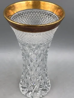 Pamono Bohemia Lead Crystal Vase with Diamond Cut Gold Rim, 1950s><noscript><img width=