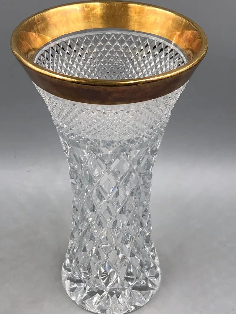 Pamono Bohemia Lead Crystal Vase with Diamond Cut Gold Rim, 1950s> Vases