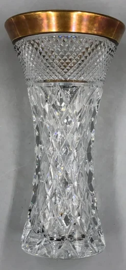 Pamono Bohemia Lead Crystal Vase with Diamond Cut Gold Rim, 1950s><noscript><img width=