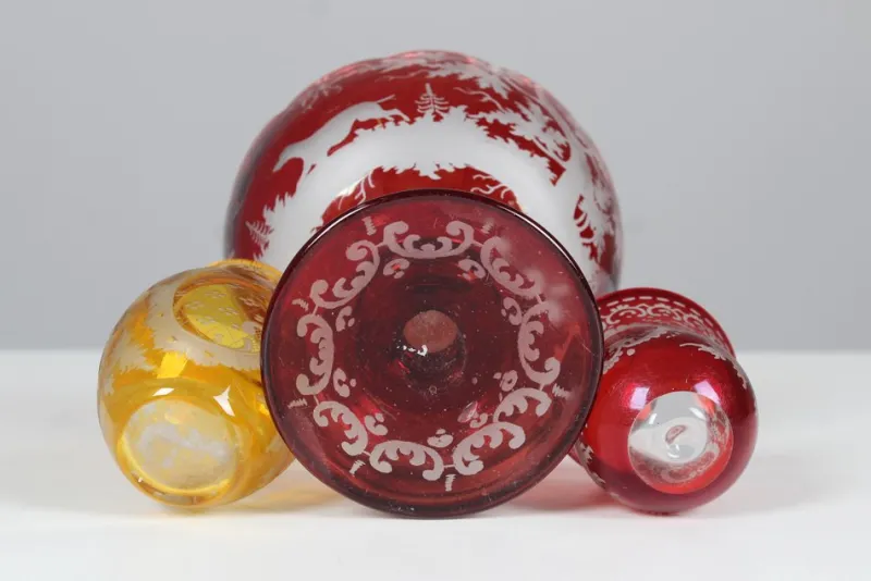 Pamono Bohemian Crystal Glass Set in Ruby Red and Yellow, 1880s, Set of 3> Glassware