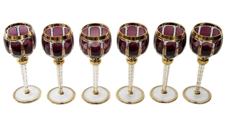 Pamono Bohemian Handmade Gilt Glass Wine Glasses, Set of 6> Glassware