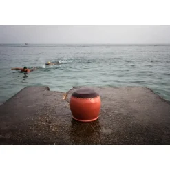 Pamono Bombo 1 CStool in Enamelled Stoneware and Leather by Oscar Maschera><noscript><img width=
