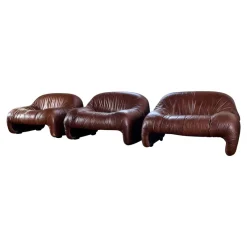 Pamono Bonanza Armchairs in Brown Leather by Tobia & Afra Scarpa for C & B Italia, 1970s, Set of 3><noscript><img width=