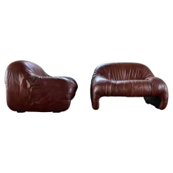Pamono Bonanza Armchairs in Brown Leather by Tobia & Afra Scarpa for C & B Italia, 1970s, Set of 3><noscript><img width=