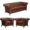 New Pamono Bordeaux Leather Chesterfield Club Sofa & Armchairs on Turned Legs, Set of 3
