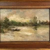 Pamono Bosisio, Lake Landscape with Boat, 20th Century, Oil Painting on Panel, Framed> Painting