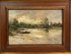 Pamono Bosisio, Lake Landscape with Boat, 20th Century, Oil Painting on Panel, Framed> Painting