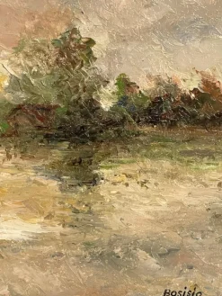 Pamono Bosisio, Lake Landscape with Boat, 20th Century, Oil Painting on Panel, Framed><noscript><img width=