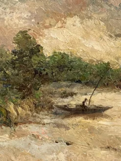 Pamono Bosisio, Lake Landscape with Boat, 20th Century, Oil Painting on Panel, Framed><noscript><img width=