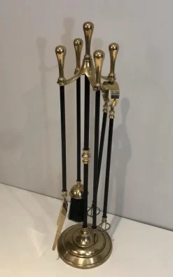 Pamono Brass and Black Lacquered Fireplace Tools on Stand, France, 1970s> Fireplaces And Mantels