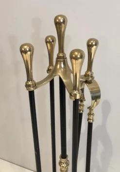 Pamono Brass and Black Lacquered Fireplace Tools on Stand, France, 1970s> Fireplaces And Mantels