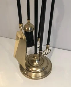 Pamono Brass and Black Lacquered Fireplace Tools on Stand, France, 1970s><noscript><img width=