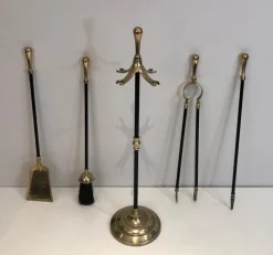 Pamono Brass and Black Lacquered Fireplace Tools on Stand, France, 1970s><noscript><img width=