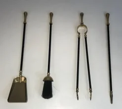 Pamono Brass and Black Lacquered Fireplace Tools on Stand, France, 1970s><noscript><img width=