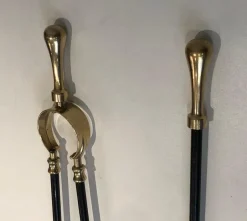 Pamono Brass and Black Lacquered Fireplace Tools on Stand, France, 1970s><noscript><img width=