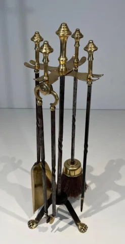 Pamono Brass and Brushed Steel Fireplace Tools with Stand attributed to the Maison Jansen, 1940s, Set of 5> Fireplaces And Mantels