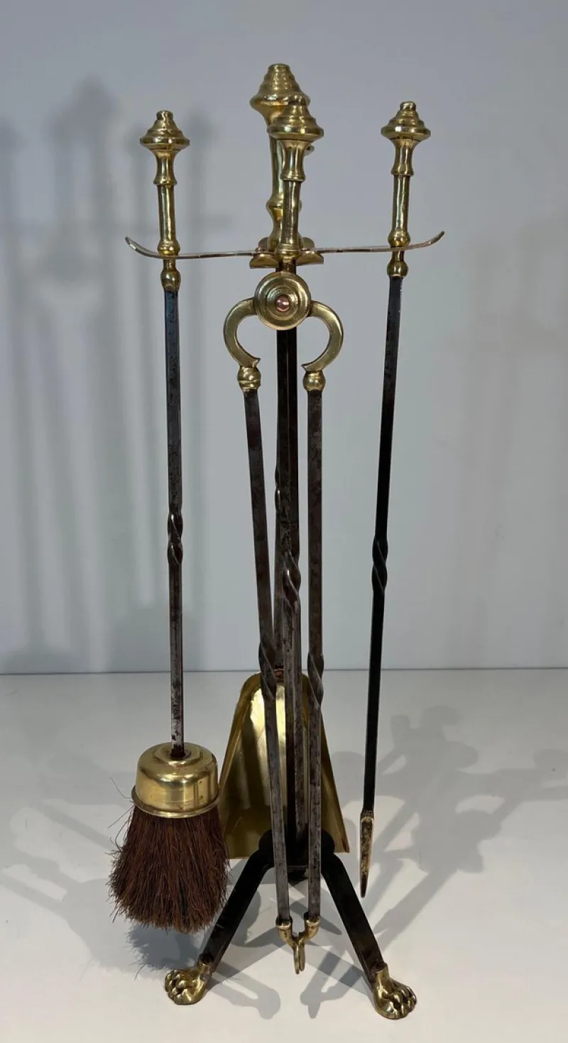 Pamono Brass and Brushed Steel Fireplace Tools with Stand attributed to the Maison Jansen, 1940s, Set of 5> Fireplaces And Mantels